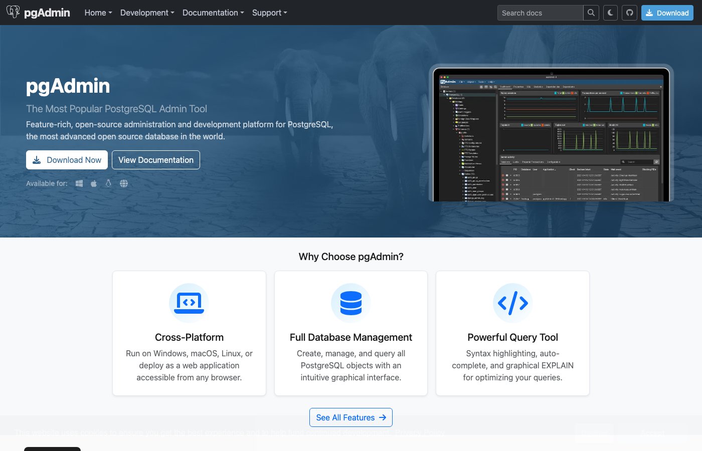 pgAdmin dashboard showing PostgreSQL server status and query tool